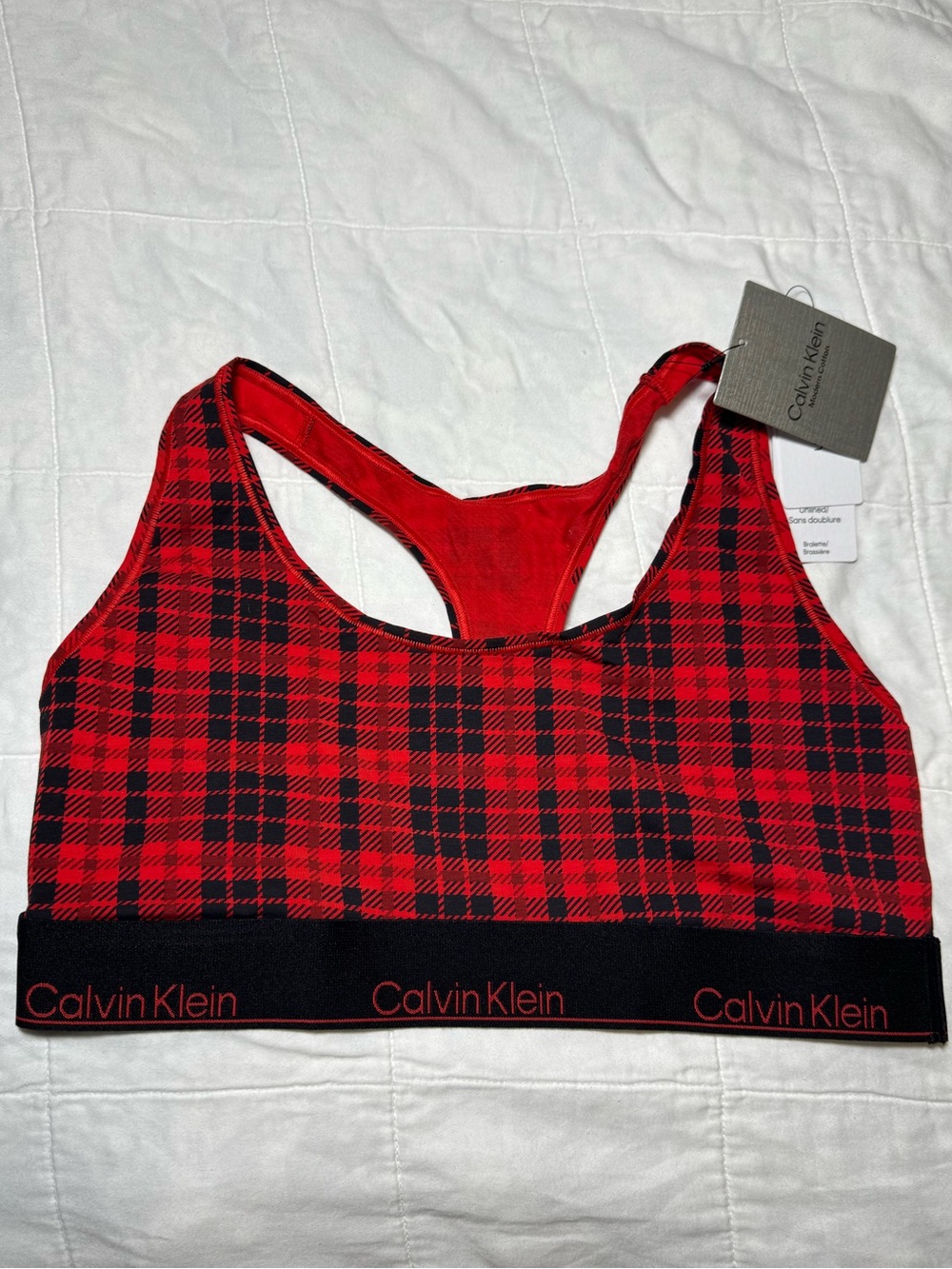 NWT Calvin Klein Red and Black Plaid Racerback Sports Bralette